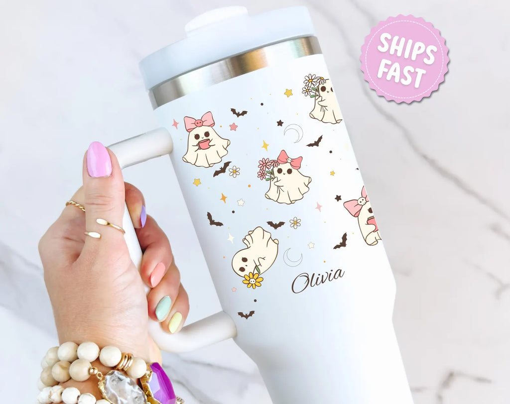 Custom Halloween 40oz Tumbler Personalized Name Cup Cute Spooky Season Keepsake Kawaii Ghost Mug Retro Halloween Tumbler Large Travel Mug. TBLPETAL5