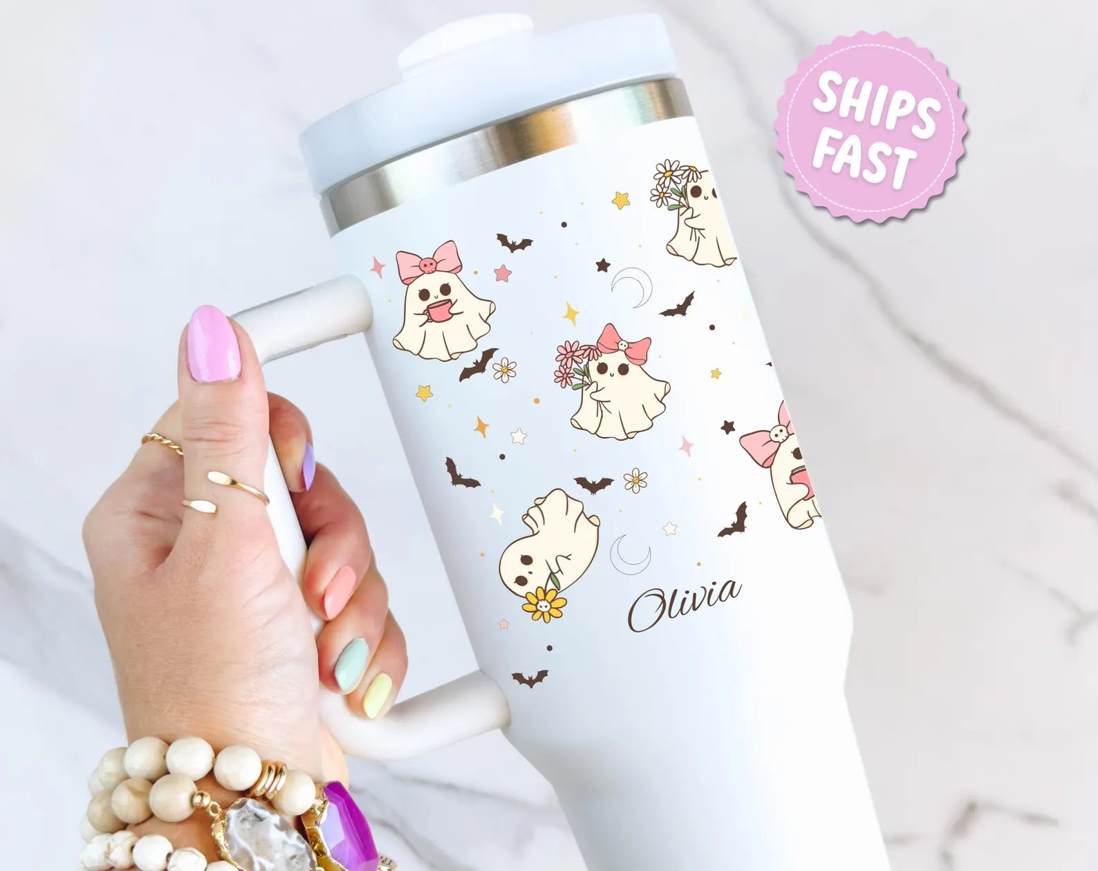 Custom Halloween 40oz Tumbler Personalized Name Cup Cute Spooky Season Keepsake Kawaii Ghost Mug Retro Halloween Tumbler Large Travel Mug. TBLPETAL5
