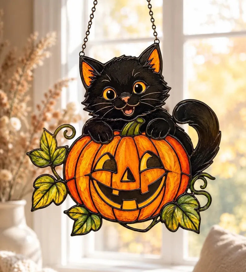 Black Cat And Pumpkin Acrylic Suncatcher, Black Cat Halloween Suncatcher, Halloween Window Hanging Decor, Cute Suncatcher Gift. HSPETAL1