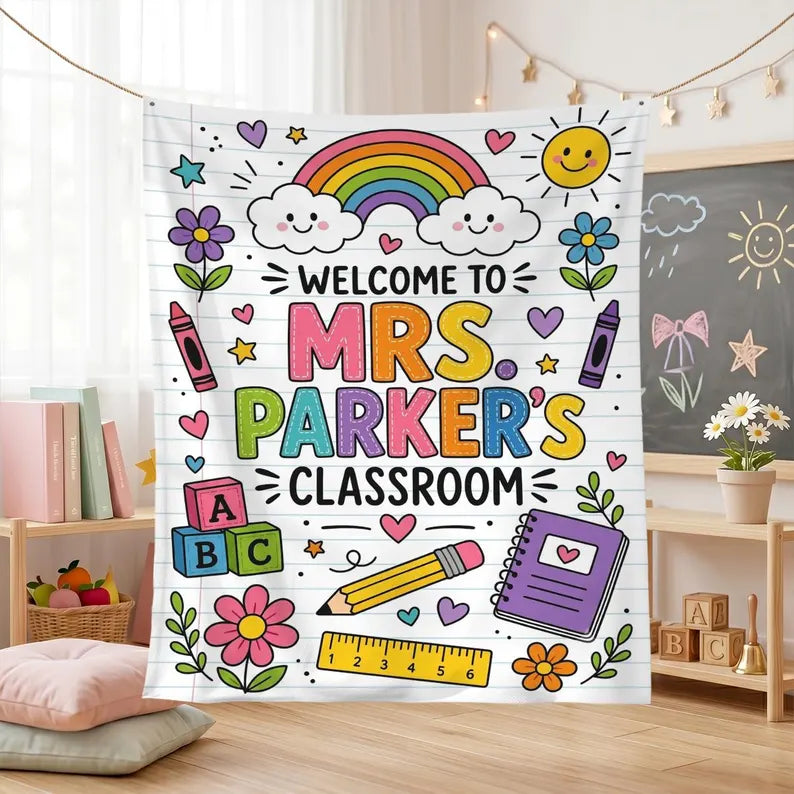 Personalized Classroom Tapestry, Teacher Welcome Banner, Back to School Decor, Rainbow Classroom Sign. CBPETAL06