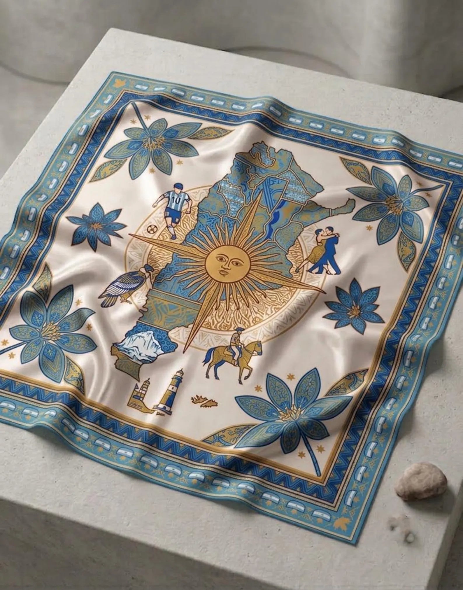 Argentina Satin Scarf, Sol de Mayo Silk Feel Bandana, Argentina Soccer Gift, Tango Dancer Scarf, Blue and Gold Mexican Style Accessory. SSPETAL9