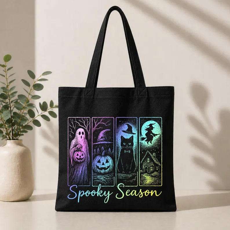 Spooky Season Tote Bag & Gift Sack, Ghost Pumpkin Cat Witch Bag, Halloween Trick or Treat Bag, Retro Fall Market Tote, Spooky Gift Bag. HLWTBPETAL10