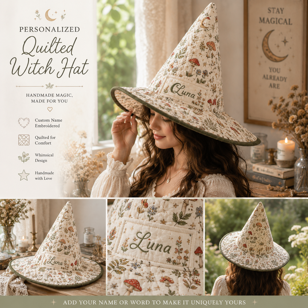 Personalized Quilted Witch Hat for Women – Custom Name Floral Mushroom Witch Hat, Soft Halloween Costume Accessory. QWHPETAL10