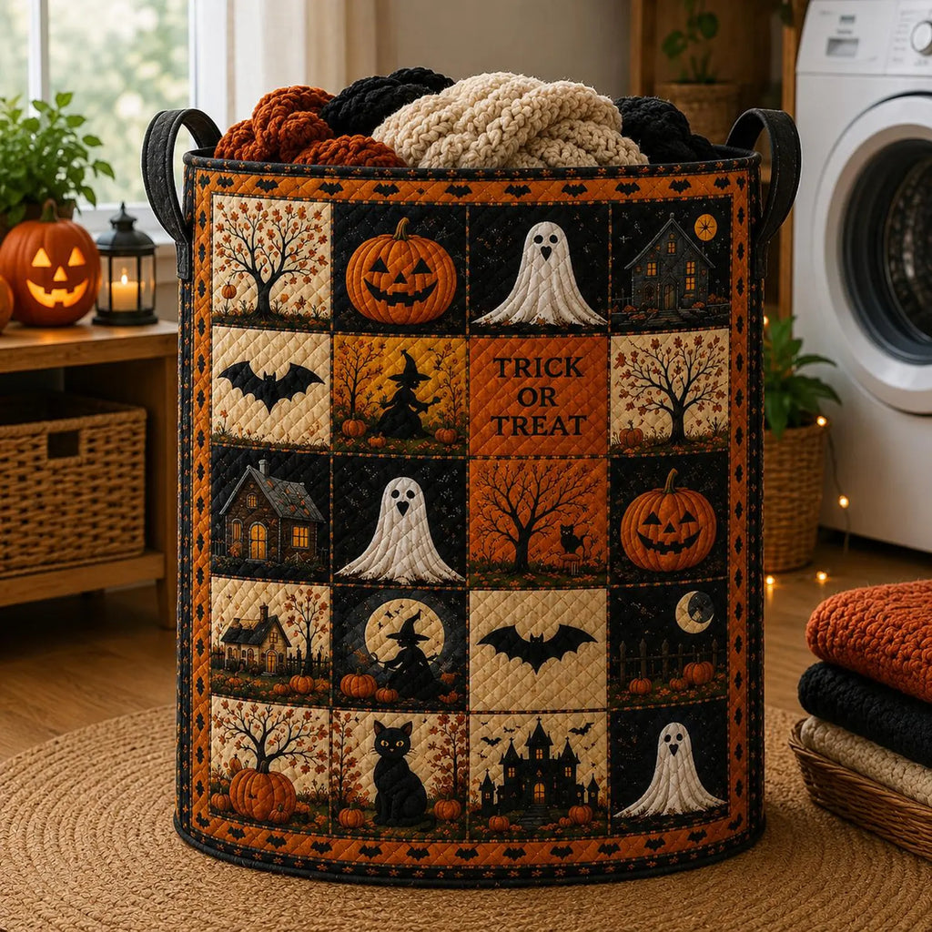 Halloween Patchwork Quilted Laundry Basket, Trick Or Treat Hamper, Pumpkin Ghost Bat Storage Bin, Spooky Halloween Decor. HLWLBPETAL9