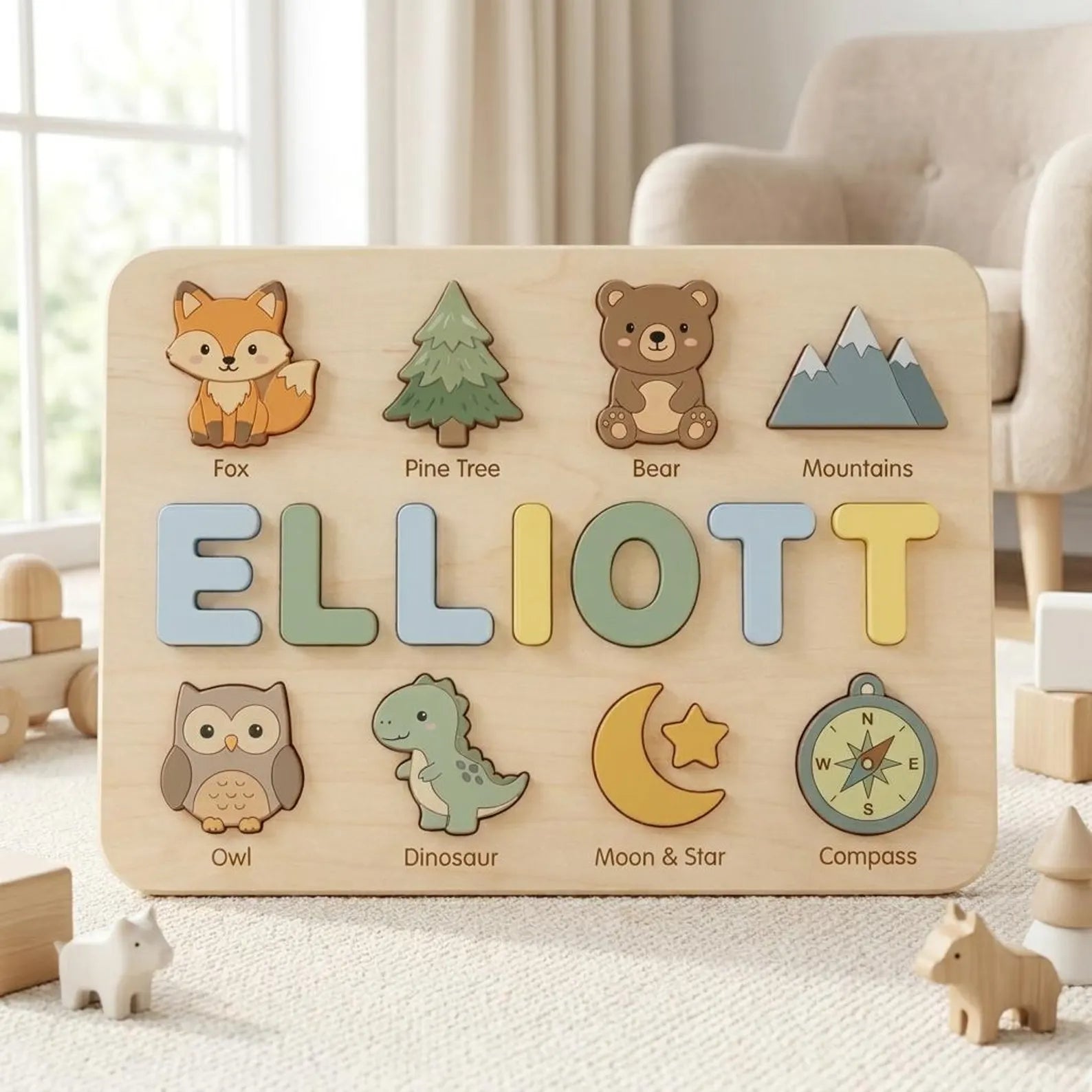 Personalized Name Puzzle, Custom Wooden Name Puzzle, Montessori Baby Gift, Woodland Nursery Decor, Toddler Learning Toy, First Birthday Gift. NPPETAL12