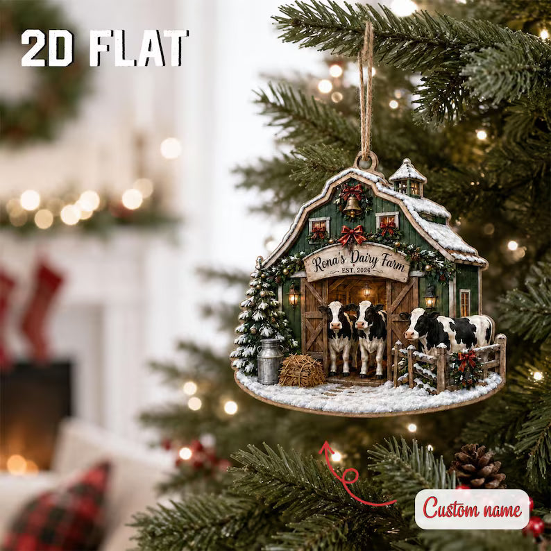 Personalized Dairy Farm Christmas Ornament, Custom Cow Barn Family Name Keepsake, Rustic Farmhouse Holiday Tree Decoration 2026	COPETAL42