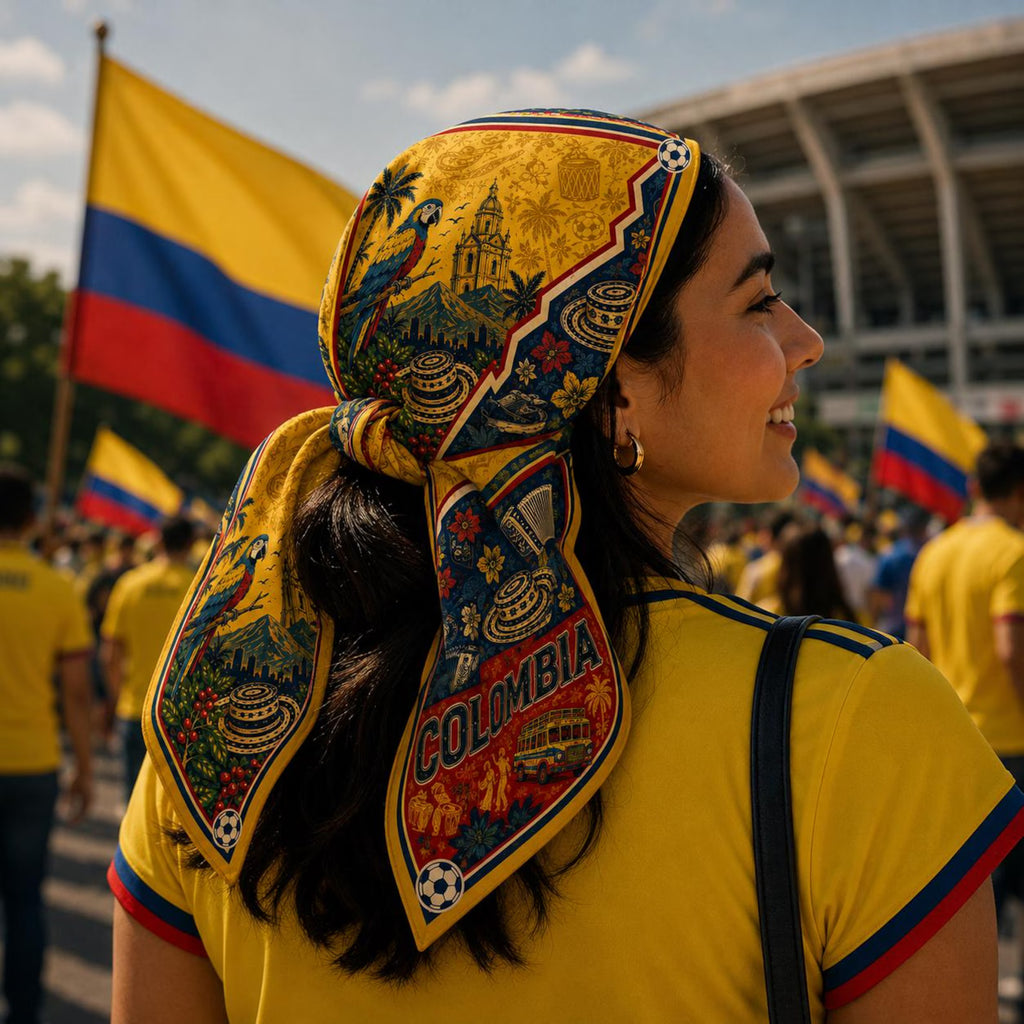 Colombia Flag Satin Hair Scarf, Colombian Pride Soccer Bandana, Vintage Tropical Gameday Square Headscarf, Latina Travel Souvenir Gift. SSPETAL17