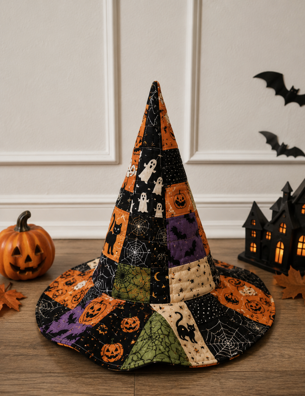 Halloween Patchwork Quilted Witch Hat – Soft Padded Witch Costume Hat with Pumpkin, Ghost & Black Cat Print. QWHPETAL4