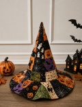 Halloween Patchwork Quilted Witch Hat – Soft Padded Witch Costume Hat with Pumpkin, Ghost & Black Cat Print. QWHPETAL4