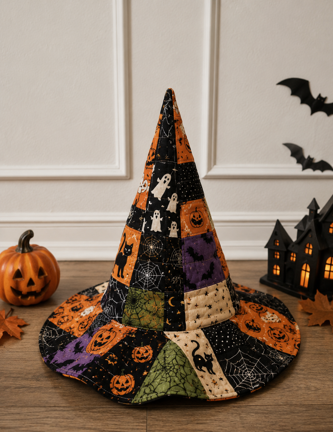 Halloween Patchwork Quilted Witch Hat – Soft Padded Witch Costume Hat with Pumpkin, Ghost & Black Cat Print. QWHPETAL4