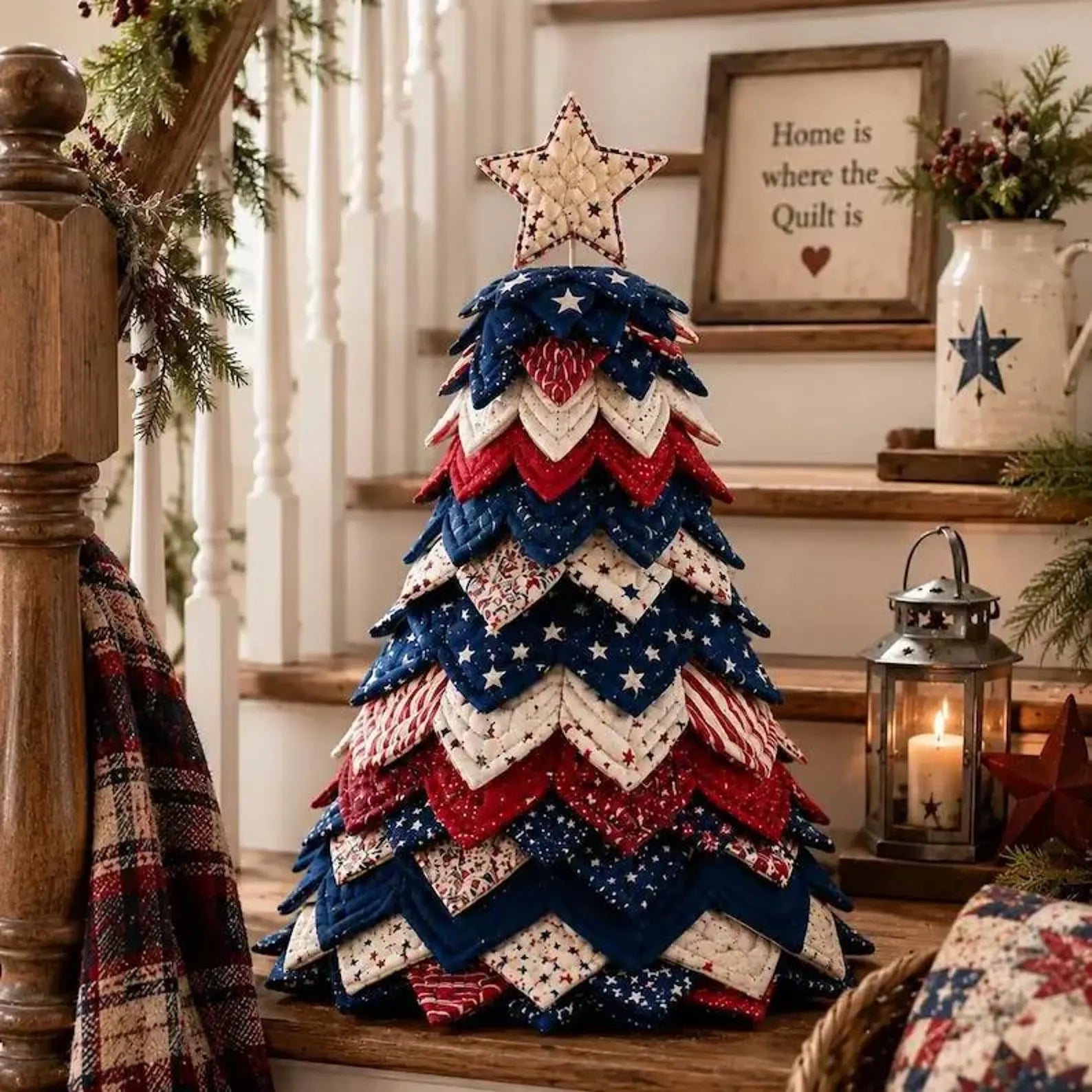 Patriotic Quilted Fabric Tree Tabletop Decoration, Handmade Red White & Blue Star Americana Home Decor QCTPETAL09
