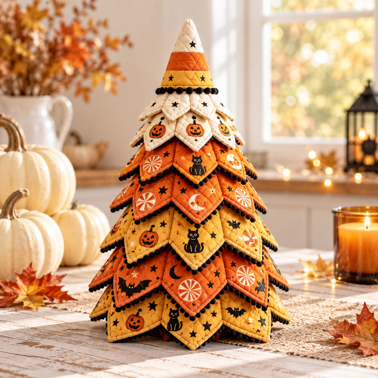 Handmade DIY Quilted Halloween Fabric Tree with Candy Corn Witch Hat Topper, Pumpkin & Black Cat Tabletop Decor – QCTPETAL20