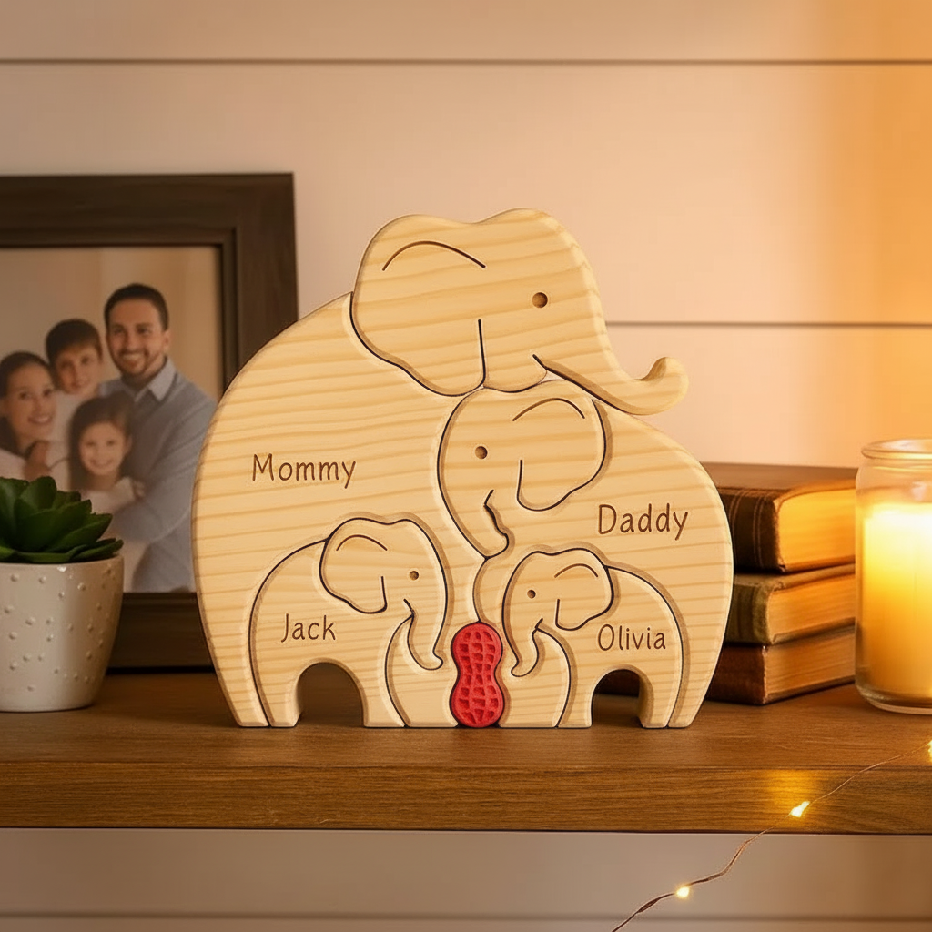 Personalized Wooden Elephant Family Decor, Custom Name Carved Wood Sign, Family Gift with Red Heart, Home Shelf Decor
