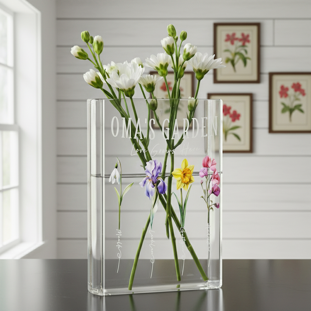 Book-Shaped Acrylic Vase for Flowers, Personalized Birth Flower Vase for Mom/Grandma, Custom Kids Name Clear Vase, Mother's Day Gift