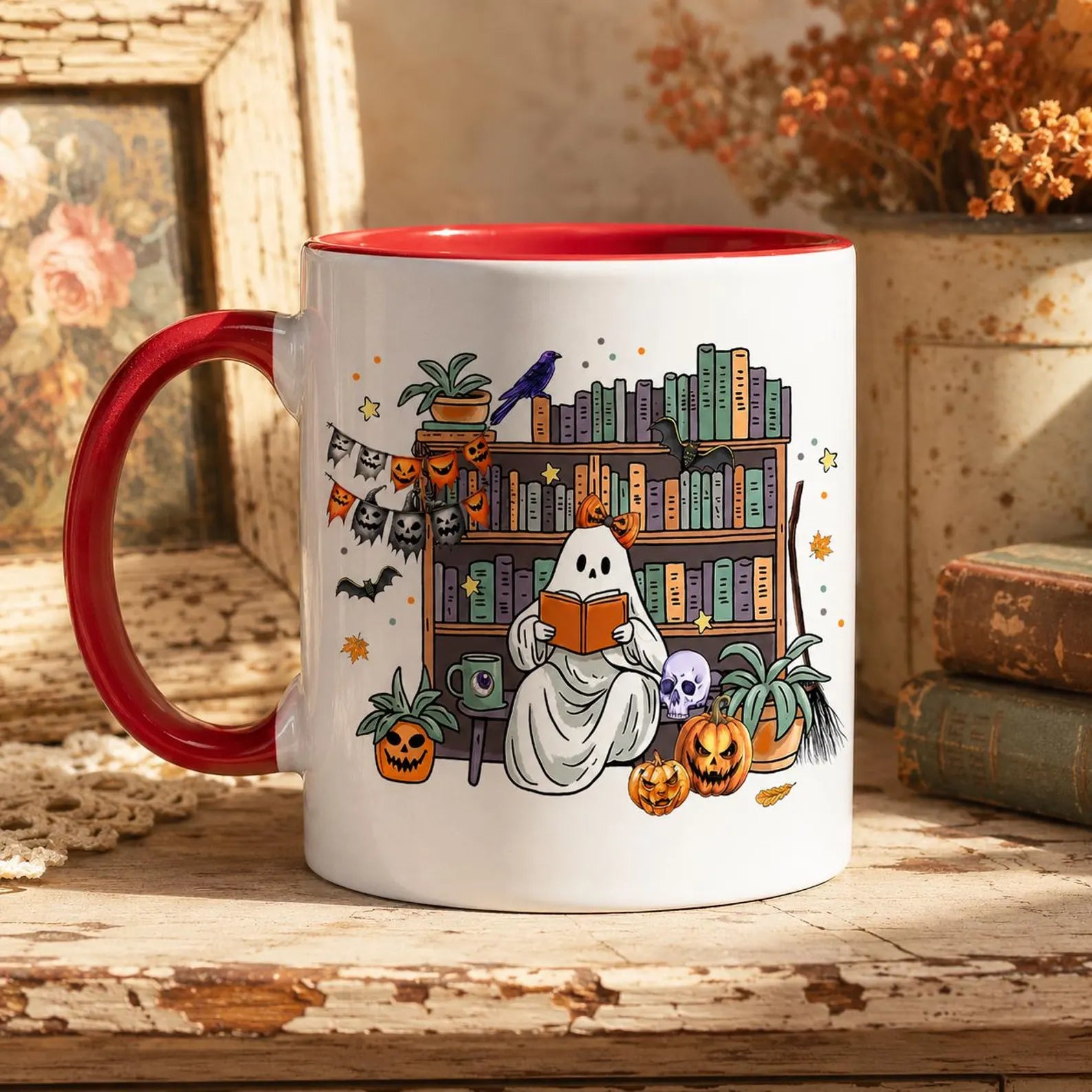 Cute Ghost Reading Book Mug, Spooky Bookshelf Ceramic Cup, Halloween Book Lover Gift For Librarian, Fall Autumn Bookish Cozy Reading Present. MPETAL15