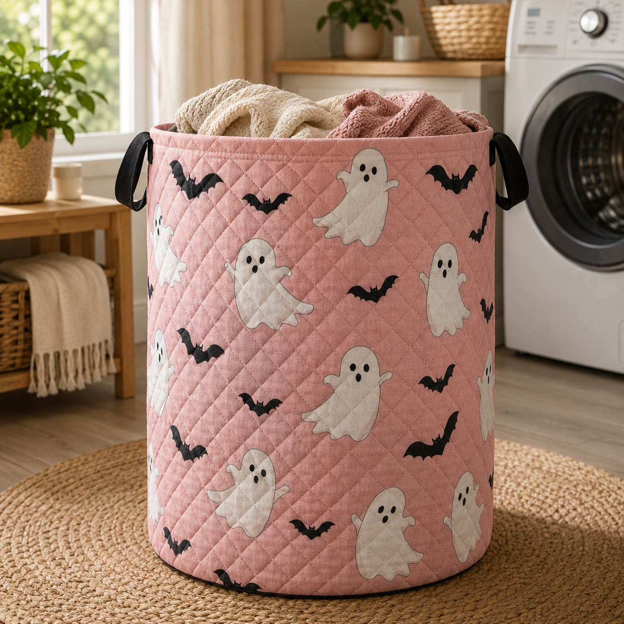 Pink Ghost Bat Quilted Laundry Basket, Halloween Storage Bin, Cute Spooky Blanket Basket, Fall Home Decor Hamper with Handles. HLWLBPETAL16