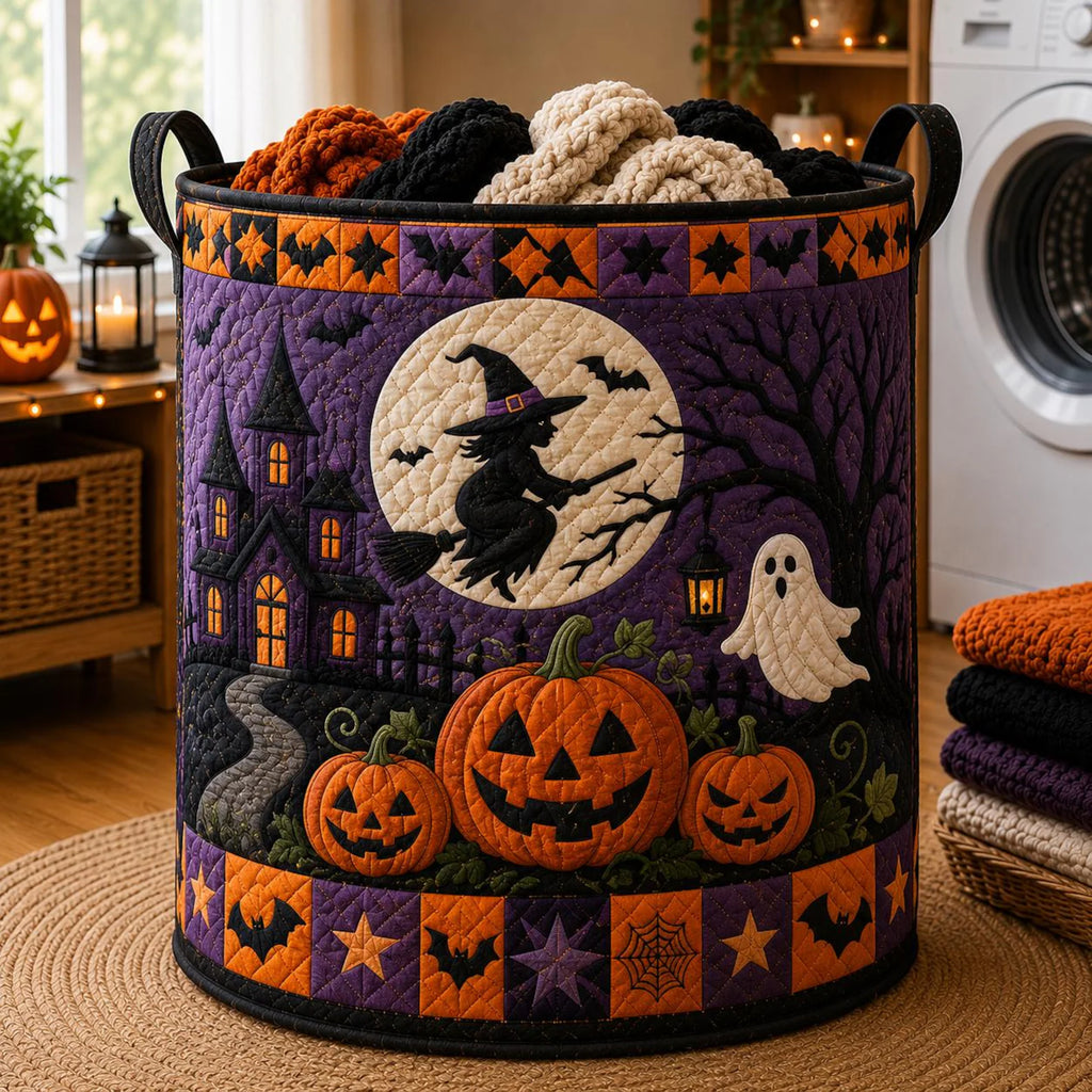 Halloween Witch Quilted Laundry Basket, Pumpkin Ghost Storage Hamper, Spooky Halloween Decor Bin, Trick Or Treat Organizer. HLWLBPETAL7