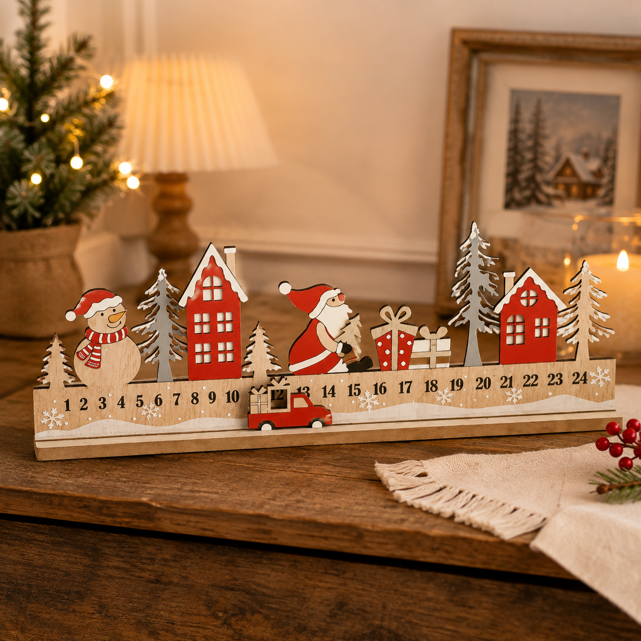 Wooden Christmas Countdown Calendar with Santa, Snowman & Moving Truck, 24-Day Holiday Tabletop Decor – ACPETAL08