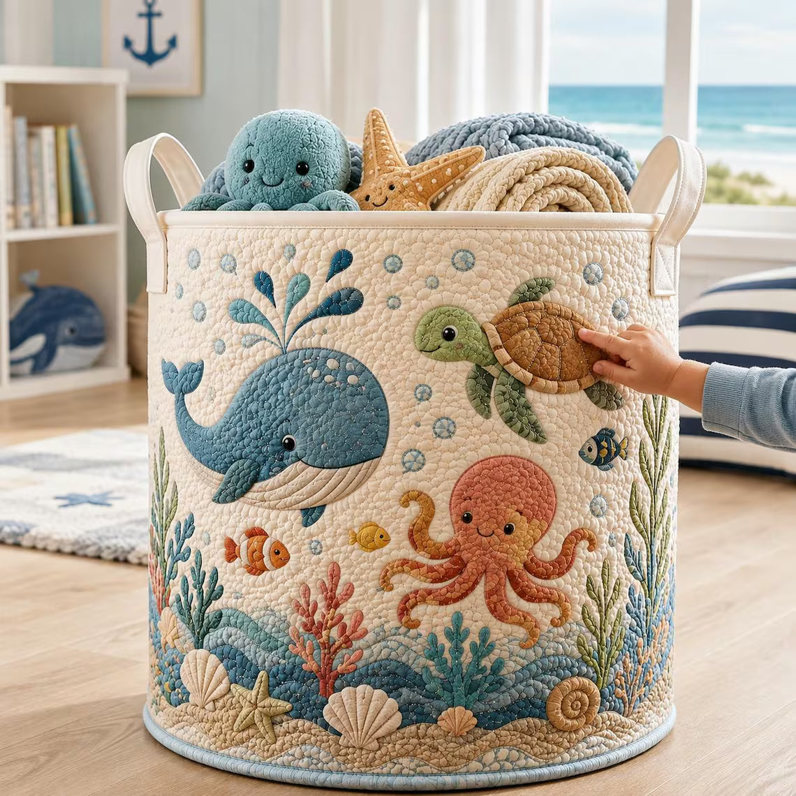 Quilted Nursery Laundry Basket, Forest Ocean Nursery Decor, Unique Baby Shower Gift, Large Fabric Organizer Basket	LBPETAL154