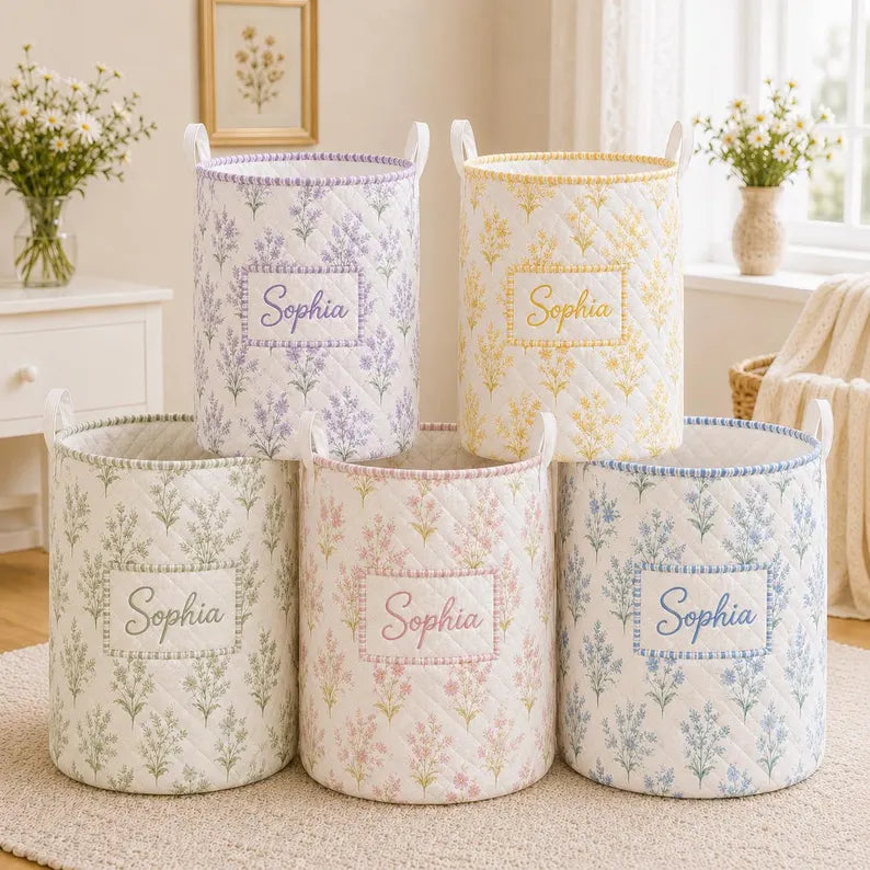Personalized Floral Laundry Basket, Custom Name Quilted Storage Bin, Pastel Flower Nursery Hamper, Clothes Basket. LBPETAL142