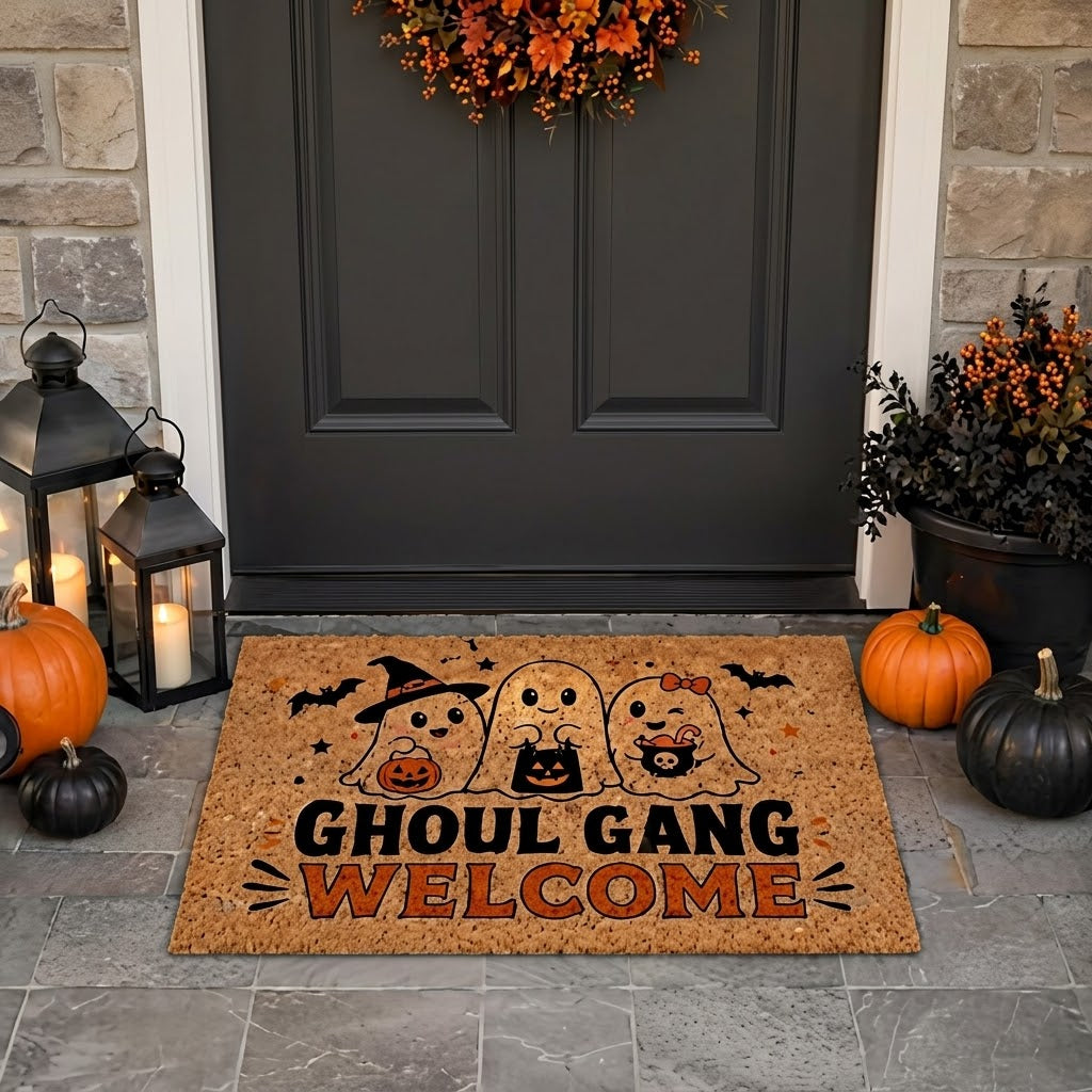 Ghoul Gang Welcome Doormat, Halloween Ghost Coir Mat, Cute Spooky Front Door Mat, Fall Porch Decor. DMPETAL1