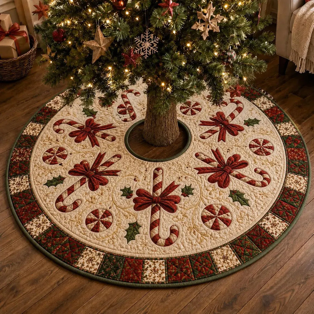 Candy Cane Quilt Style Xmas Tree Mat, Christmas Tree Skirt, Red Bow Holiday Tree Skirt, Farmhouse Christmas Tree Decor. CTSPETAL21
