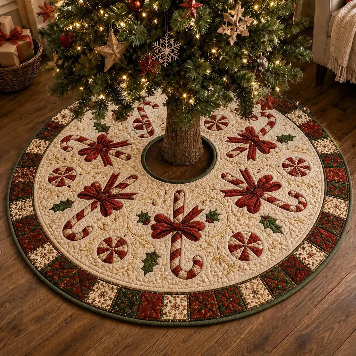 Candy Cane Quilt Style Xmas Tree Mat, Christmas Tree Skirt, Red Bow Holiday Tree Skirt, Farmhouse Christmas Tree Decor. CTSPETAL21