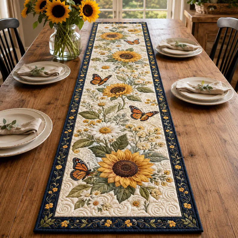 Sunflower Butterfly Quilted-Style Table Runner, Farmhouse Kitchen Linen. QTRPETAL12