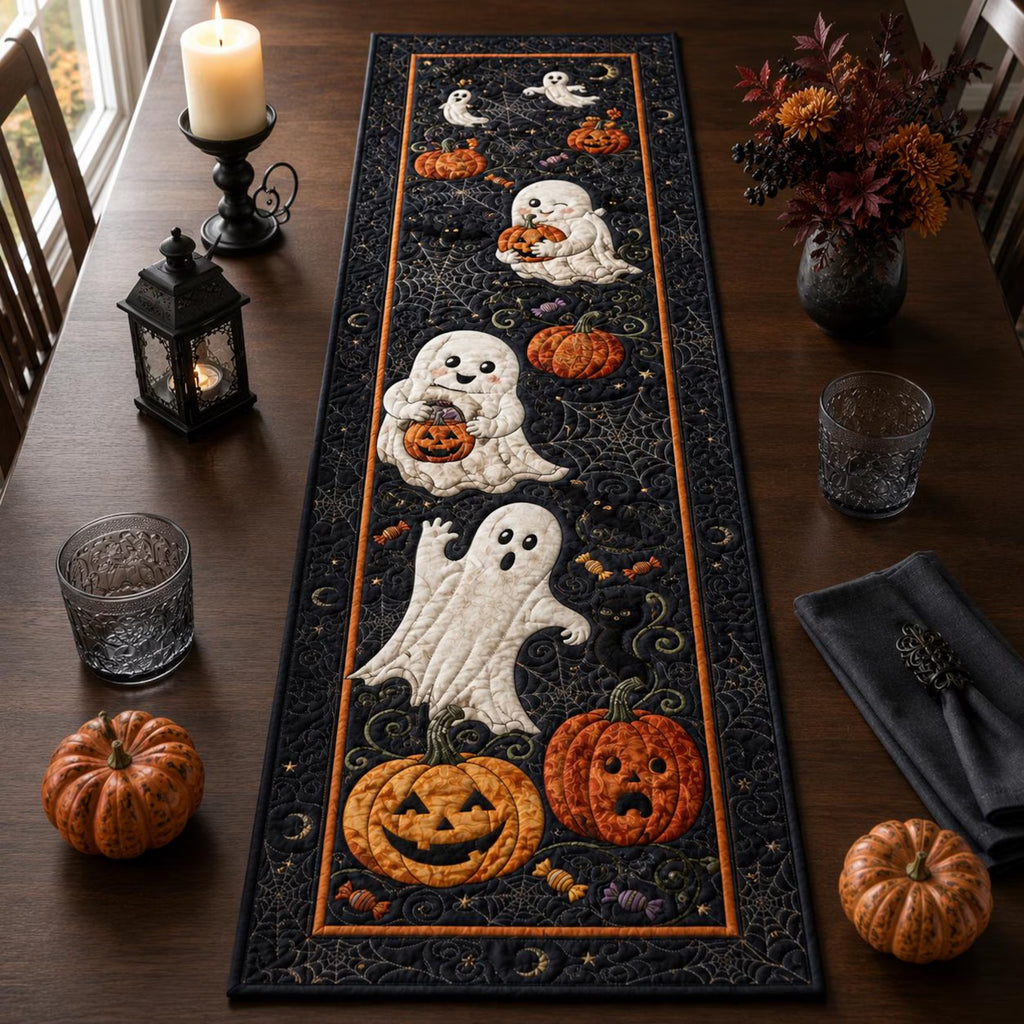 Quilted Ghost Halloween Table Runner, Spooky Pumpkin Decor.QTRPETAL16