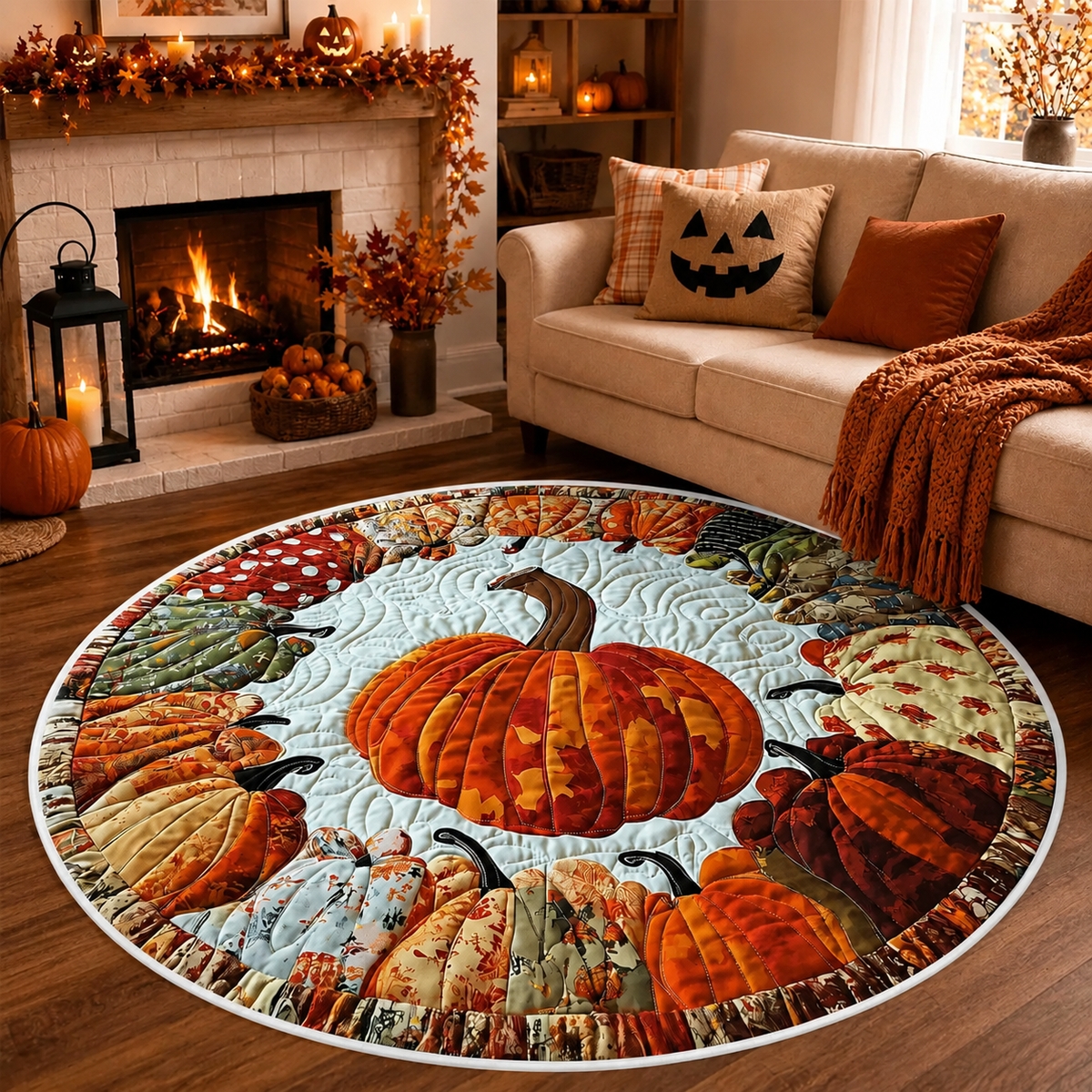 Round Pumpkin Rug, Fall Quilted Area Mat, Patchwork Thanksgiving Decor, Autumn Farmhouse Floor Decor, Halloween Home Gift. QRPETAL02