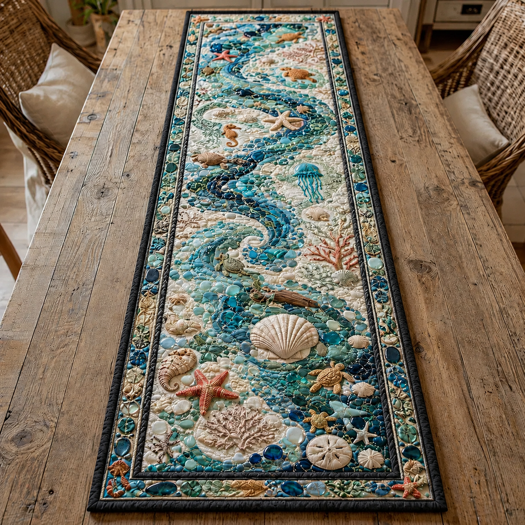 Ocean Quilted Table Runner, Coastal Beach House Decor, Nautical Dining Topper.QTRPETAL2