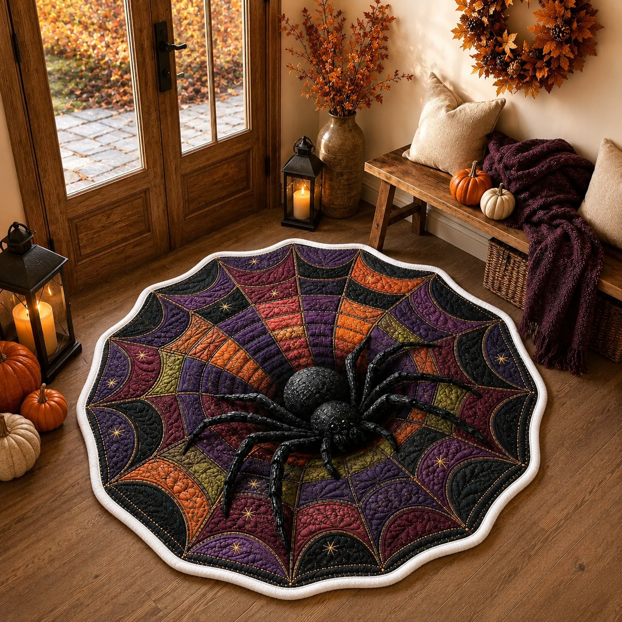 3D Spider Web Halloween Rug, Round Spider Illusion Floor Mat, Gothic Haunted Decor. QRPETAL13
