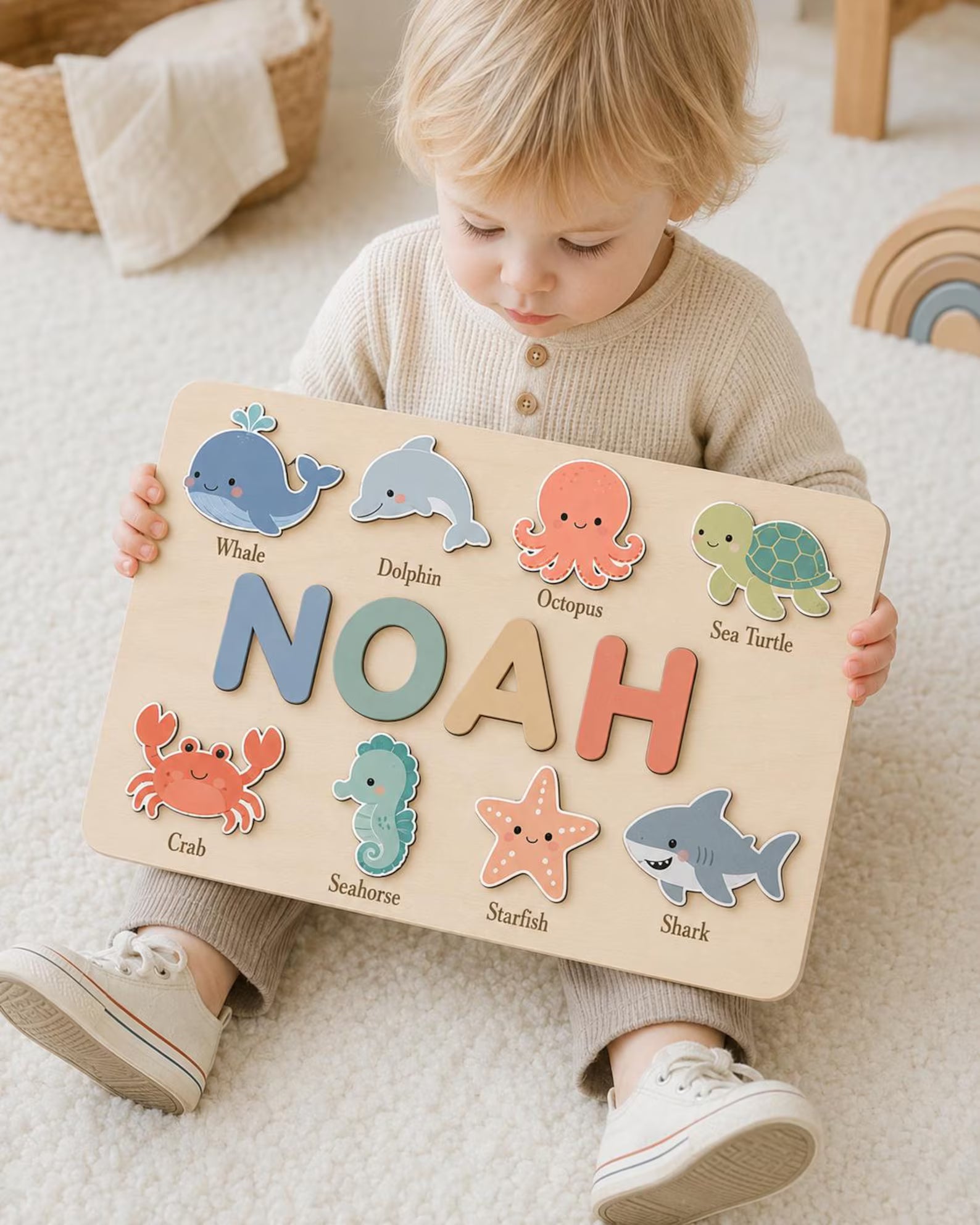 Personalized Ocean Animal Name Puzzle | Custom Sea Creature Wooden Puzzle | Montessori Toddler Learning Toy | Nursery Decor Gift. NPPETAL17