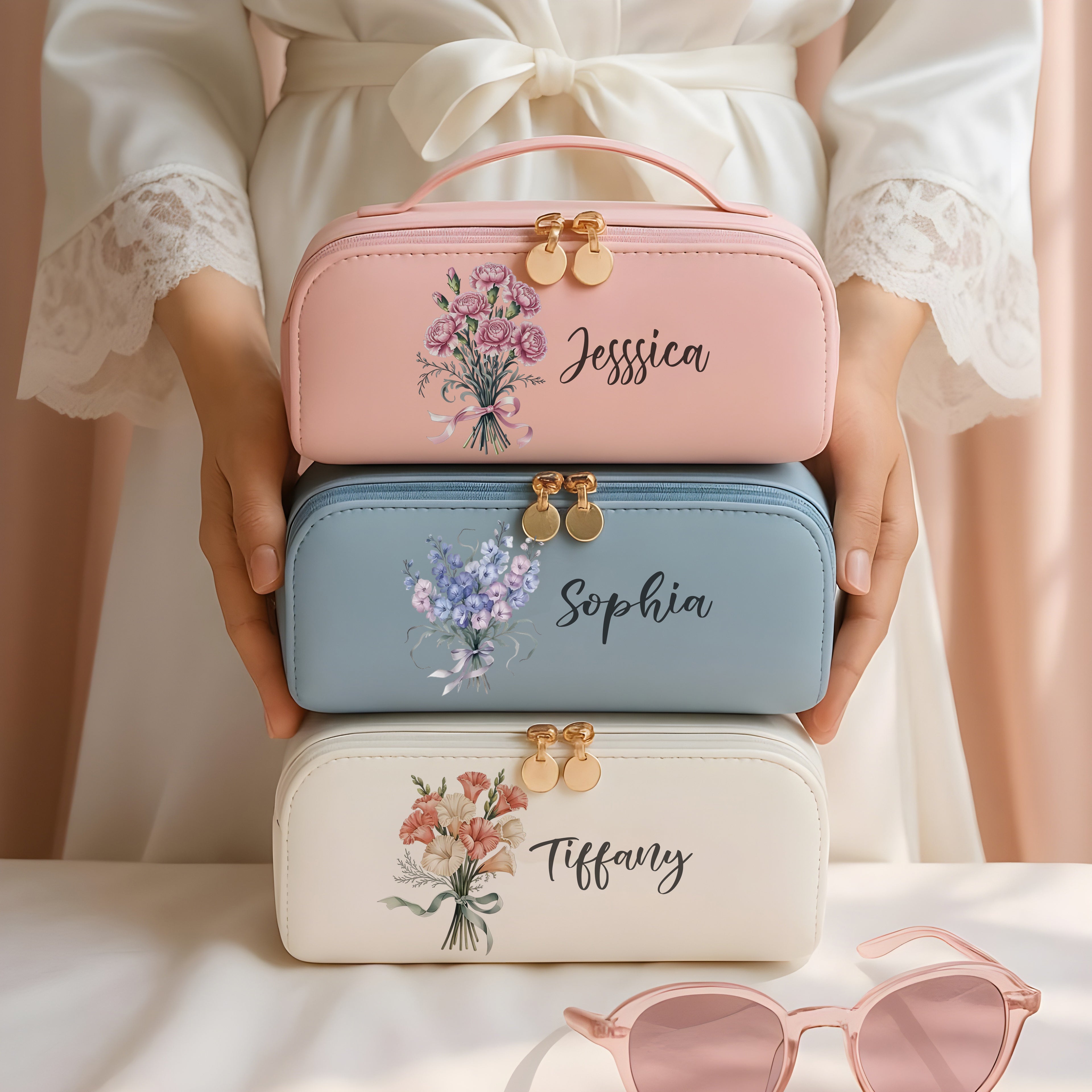 Personalized Leather Makeup Bag with Name, Custom Birth Flower Travel Cosmetic Bag, Bridesmaid Gift, Gift for Her, Birthday Gift, Mother’s Day Gift