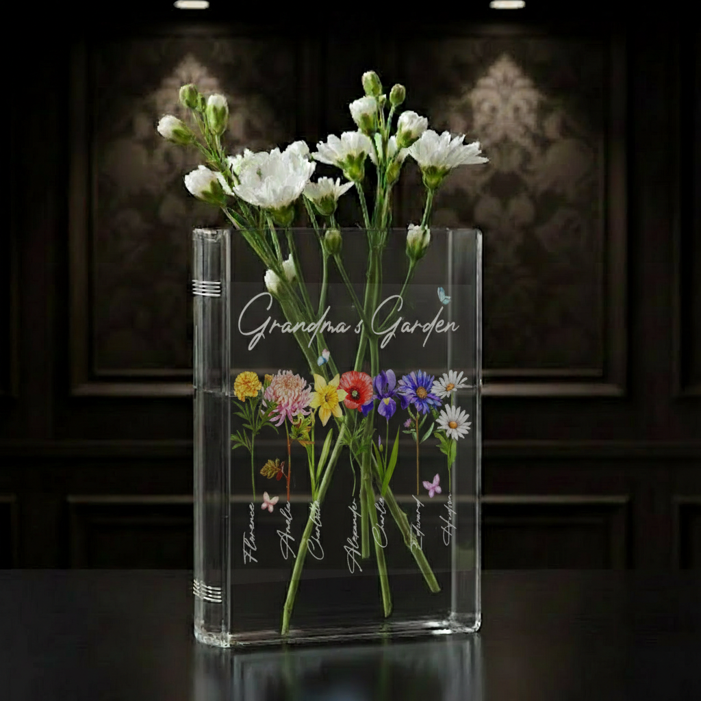 Personalized Grandma's Garden Birth Month Flower Book Vase – Custom Gift with Grandkids’ Names, Meaningful Mother’s Day Gift for Grandma