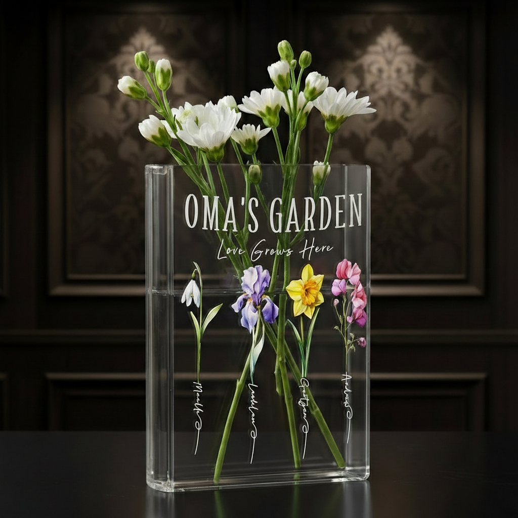 Book-Shaped Acrylic Vase for Flowers, Personalized Birth Flower Vase for Mom/Grandma, Custom Kids Name Clear Vase, Mother's Day Gift