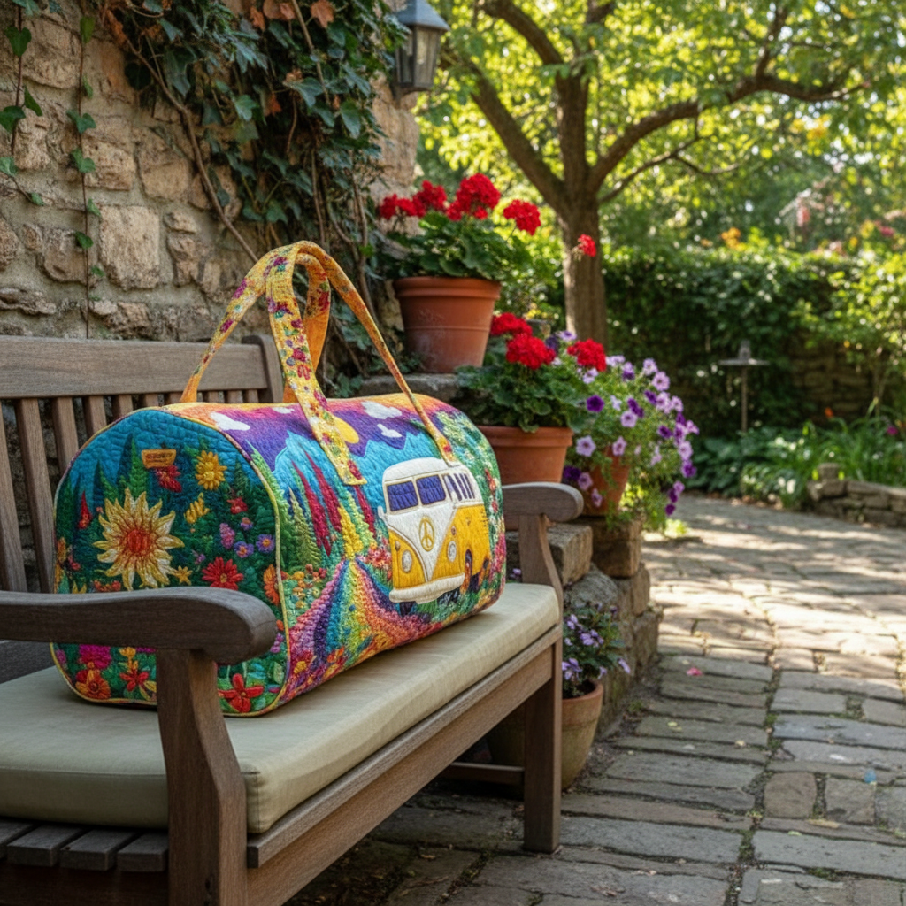 Colorful Camper Van Quilted Duffle Bag – Boho Floral Travel Weekender Tote, Hippie Rainbow Overnight Bag, Cute Summer Duffel Gift for Women