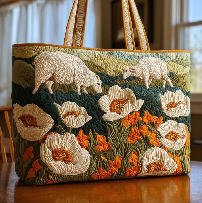 Sheep Quilted Tote Bag, Floral Farmhouse Travel Shoulder Bag, Cottagecore Market Bag, Cute Lamb Lover Gift for Women