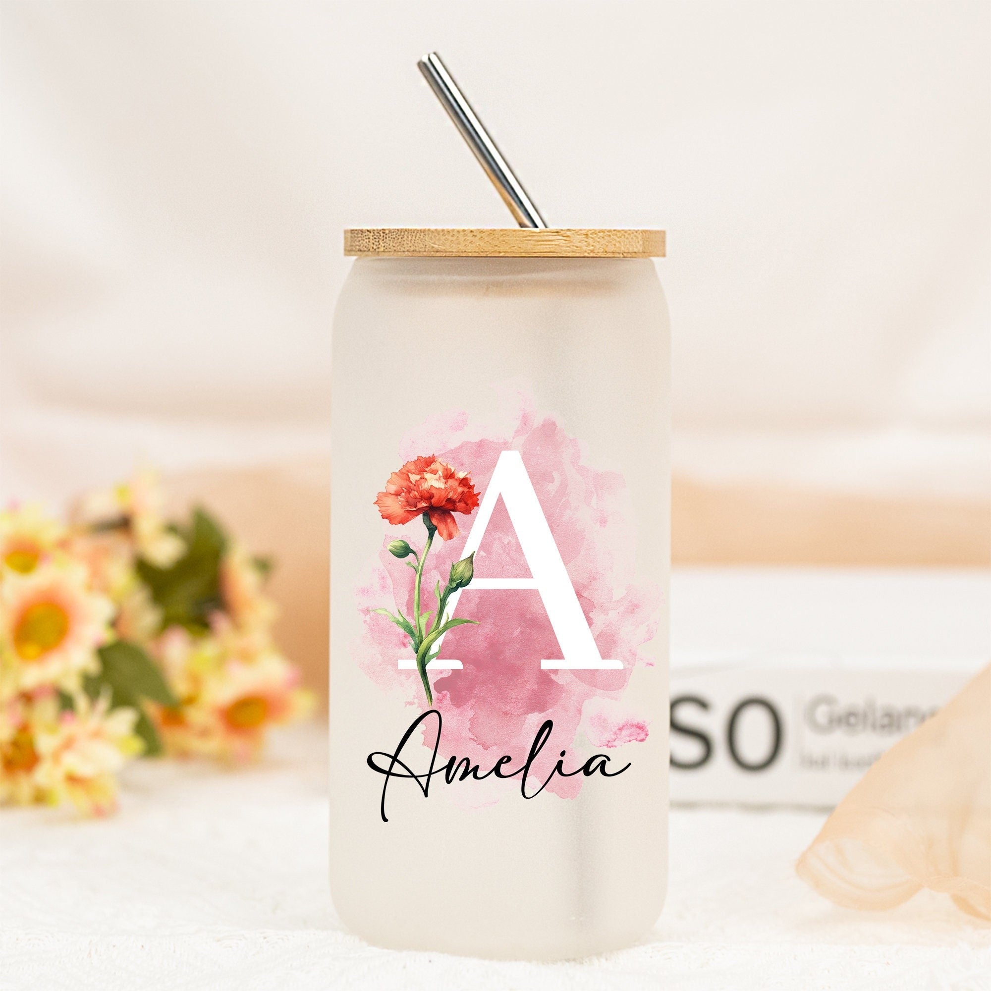 Personalized Birth Flower Glass with Name, Floral Tumbler with Lid and Straw, Iced Coffee Cup, Beer Can Glass, Coffee Lover Gift, Gift for Mom