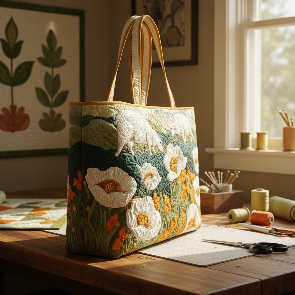 Sheep Quilted Tote Bag, Floral Farmhouse Travel Shoulder Bag, Cottagecore Market Bag, Cute Lamb Lover Gift for Women