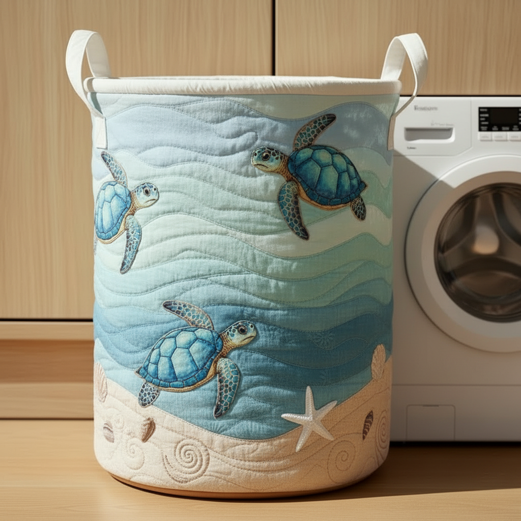 Sea Turtle Quilted Laundry Basket – Ocean Storage Bin, Coastal Fabric Hamper, Beach House Decor Organizer