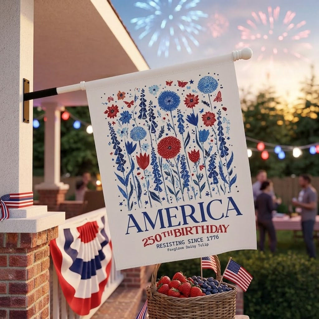 Patriotic USA Garden Flag, Anti Trump House Banner, America 250th Birthday, Subtle F Trump, Semiquincentennial, Foxglove Daisy Tulip. GFPETAL01