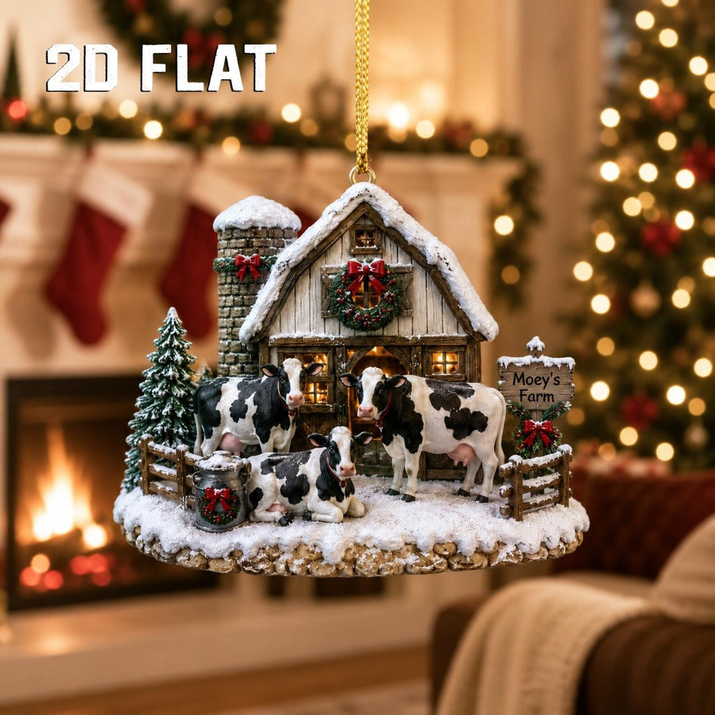 Personalized 2D Flat Cow Christmas Ornament, Custom Farm Name Wooden Ornament, Farmhouse Christmas Decor, Cow Lover Gift, Ranch Keepsake	COPETAL02
