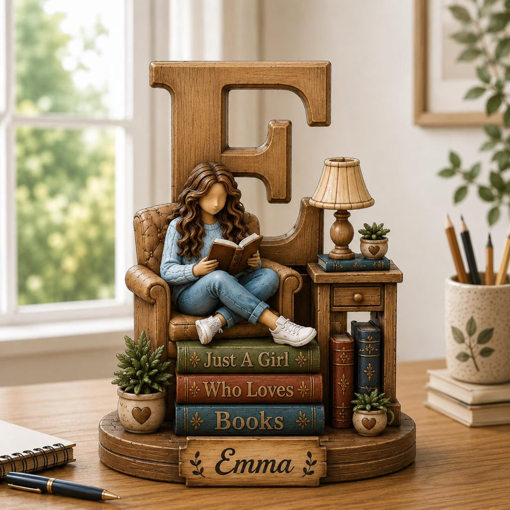 Personalized Wooden Book Lover Figurine, Custom Initial Letter & Name Block, Reader Shelf Decor, Library Decoration, Book Lover Gift. WBPETAL7