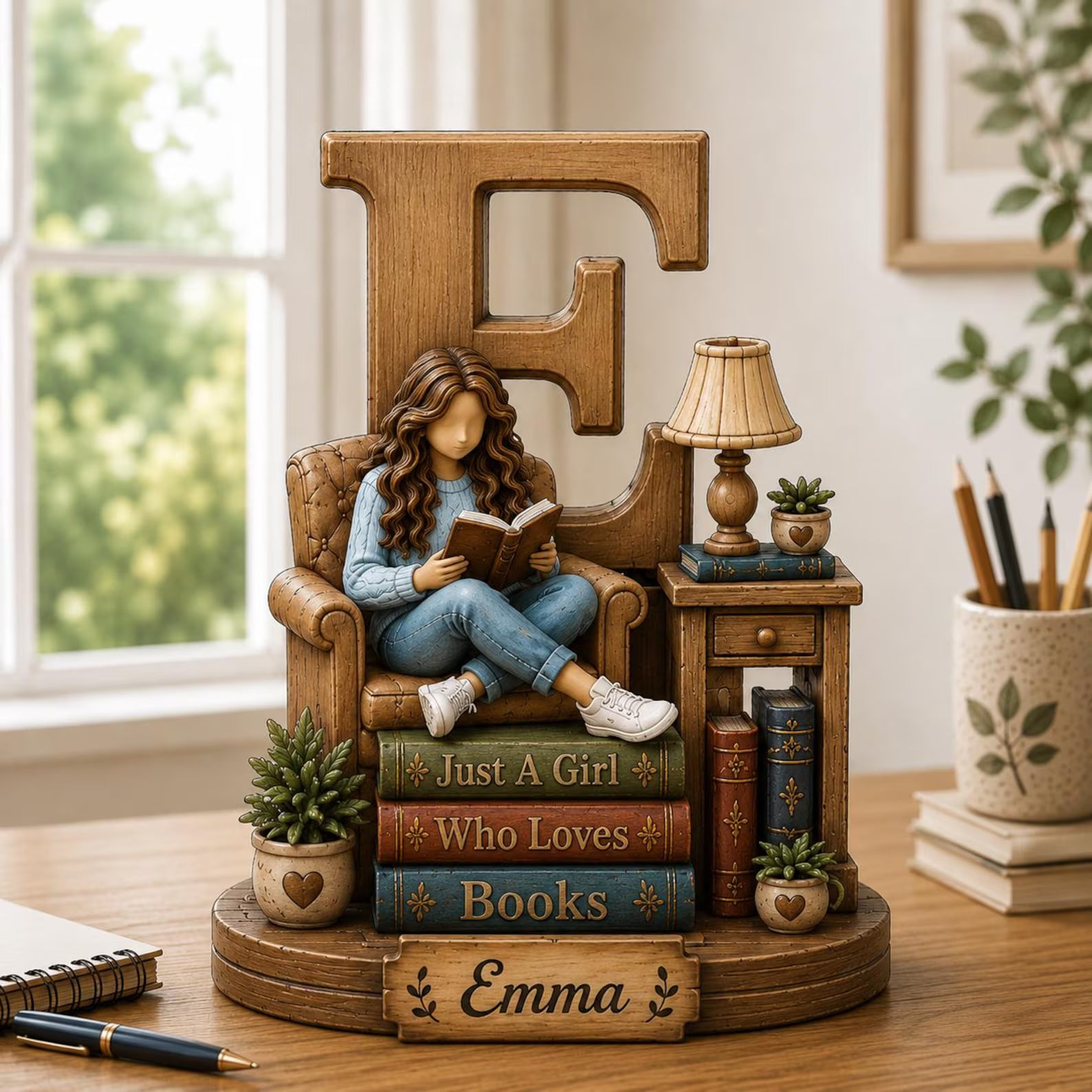 Personalized Wooden Book Lover Figurine, Custom Initial Letter & Name Block, Reader Shelf Decor, Library Decoration, Book Lover Gift. WBPETAL7