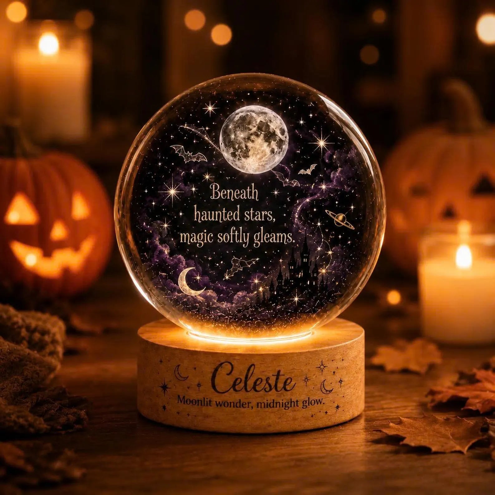 Personalized Celestial Halloween Night Light, Custom Name Moon Stars Lamp, Witchy Nursery Decor. LEDPETAL16