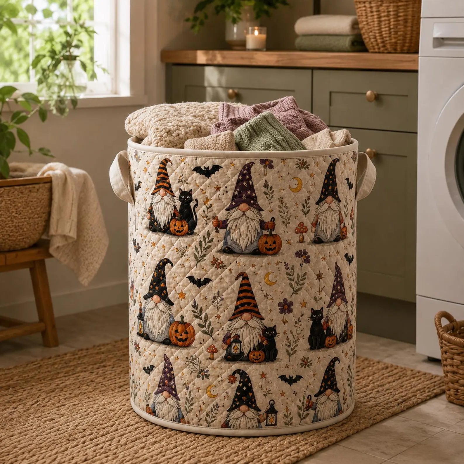 Halloween Quilted Laundry Basket, Gnome Storage Bin, Spooky Farmhouse Decor, Pumpkin Organizer Hamper, Witchy Home Gift. HLWLBPETAL15