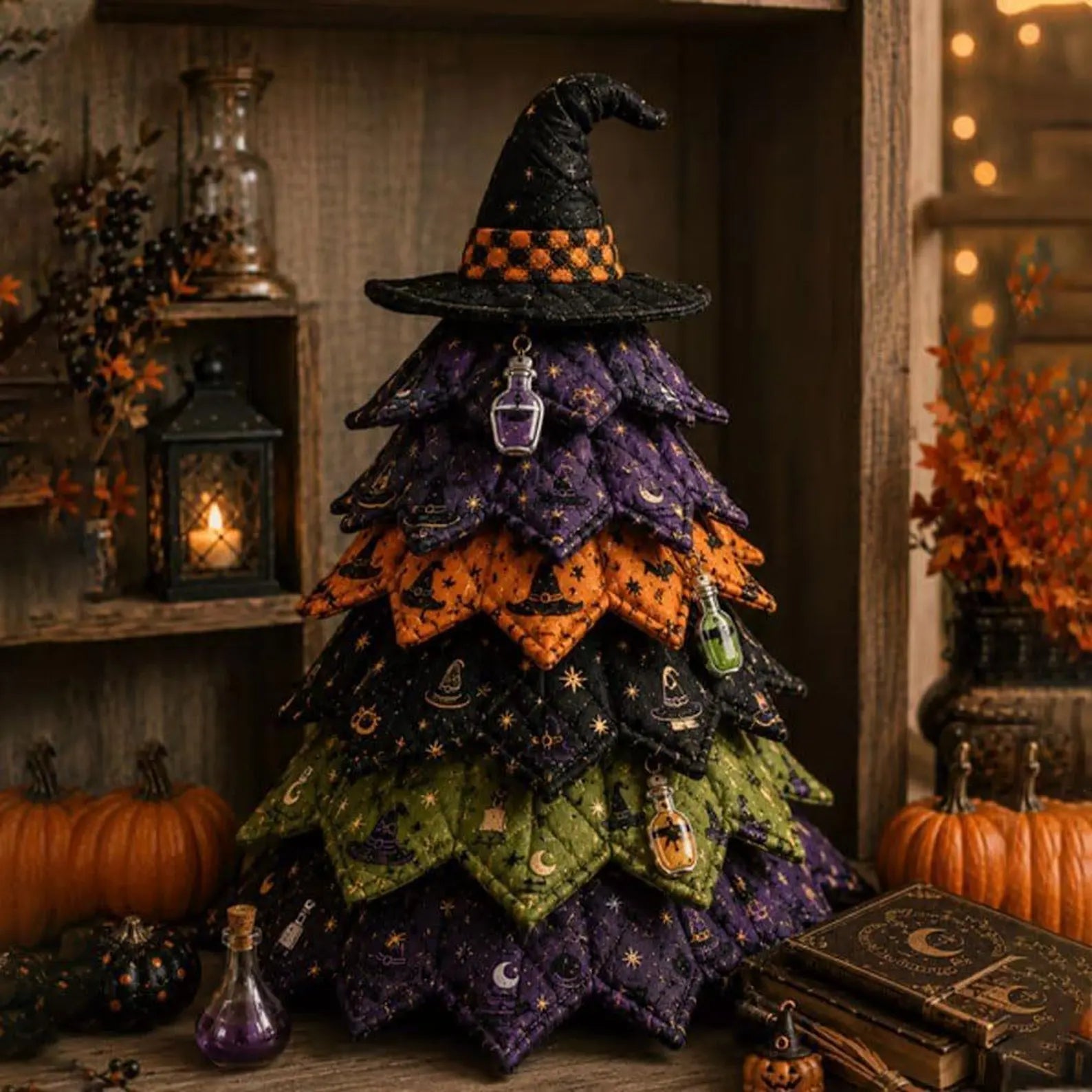 Halloween Witch Hat Quilted Fabric Tree Tabletop Decoration, Handmade Layered Pumpkin & Potion Bottle Fall Decor QCTPETAL02