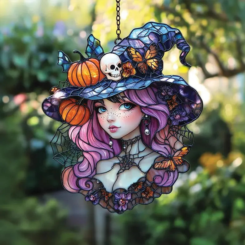 Acrylic Suncatcher Witch Girl with Pink Hair – Halloween Window Decor Featuring Pumpkin Hat, Skull, Butterflies & Spooky Gothic Charm. HSPETAL12