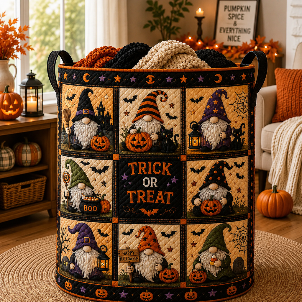 Halloween Gnome Quilted Laundry Basket, Trick Or Treat Storage Hamper, Witch Gnome Pumpkin Bin, Spooky Halloween Decor. HLWLBPETAL11